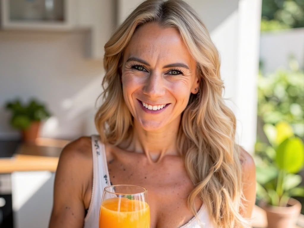 Nadine lächelt mit einem Glas in der Hand in die Kamera